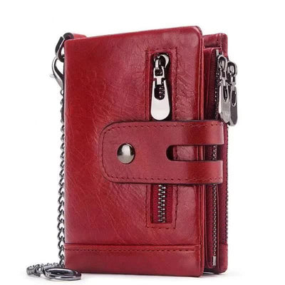 NNEDSZ Red Genuine Leather Tri-Fold Wallet - Fashionable Multi-Card Men's and Women's Wallet-0